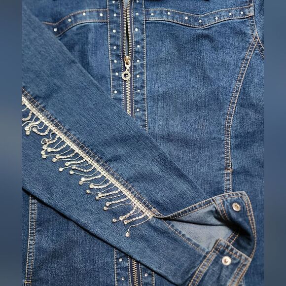 Upcycled Custom Jean Jacket Trimmed in Rhinestone Fringe Size M - Picture 3 of 10